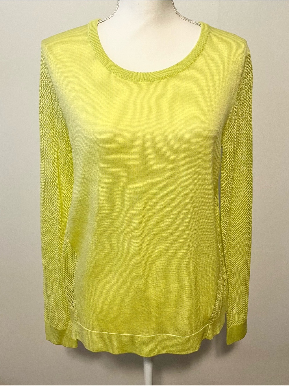 Cabi Mesh Split Back Neon Yellow Green Pullover Sweater. Style 199. Size Medium